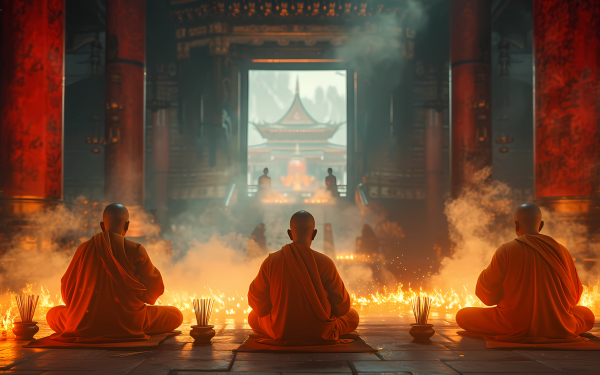HD wallpaper of three monks in meditation amidst glowing candles inside a tranquil Buddhist temple, embodying faith and peaceful reflection.