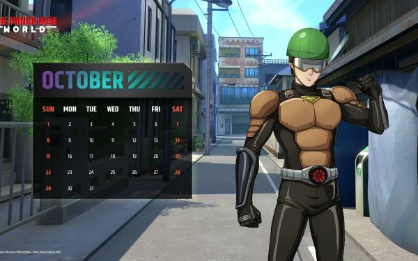 HD desktop wallpaper of the character Mumen Rider from One Punch Man World video game, featuring a vibrant city backdrop and a calendar with the month of October.