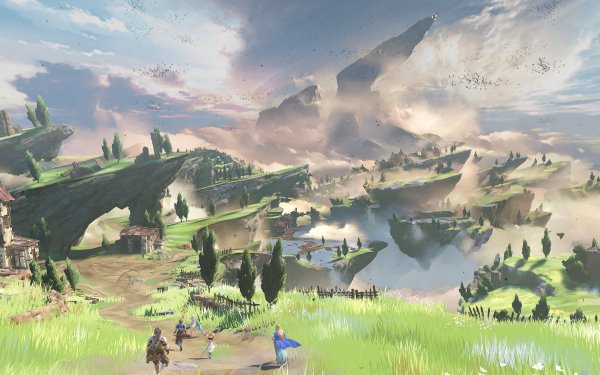 HD wallpaper featuring a scenic landscape from Granblue Fantasy: Relink video game with floating islands and characters.