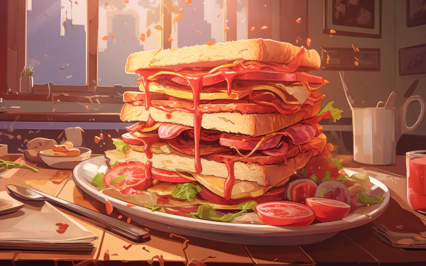 A deliciously stacked panini overflowing with layers of meats, cheese, and fresh vegetables, set on a table beside condiments, creating a vibrant HD desktop wallpaper.