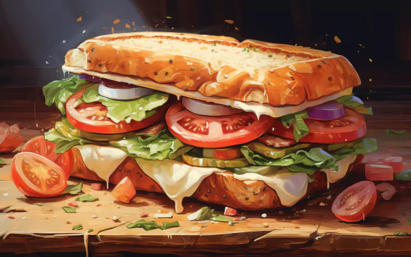 HD desktop wallpaper featuring a detailed illustration of a delectable panini with fresh veggies and melting cheese.