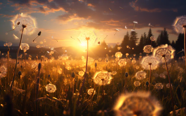 Dandelion field at sunset HD wallpaper with glowing sunlight and floating seeds for serene desktop background.