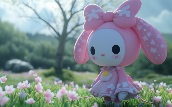 HD wallpaper of My Melody from Onegai My Melody by Sanrio, posing amidst a field of pink flowers under a sunny sky.