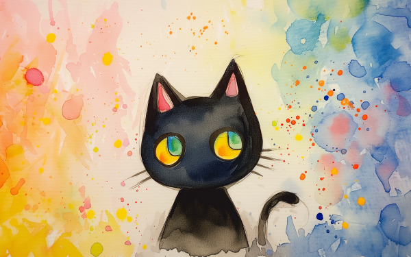 HD desktop wallpaper featuring Chococat, the adorable black cat character from Sanrio, against a vibrant watercolor background.