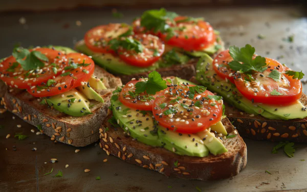HD wallpaper featuring a delectable breakfast of avocado toast topped with sliced tomatoes and garnished with fresh herbs, perfect for a nutritious desktop background.