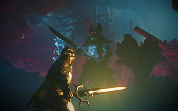 HD wallpaper of Enshrouded video game with a warrior wielding a glowing sword in a dark, mystical setting.