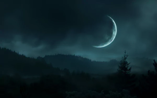 HD wallpaper of a new moon in a starless night sky above silhouetted trees.