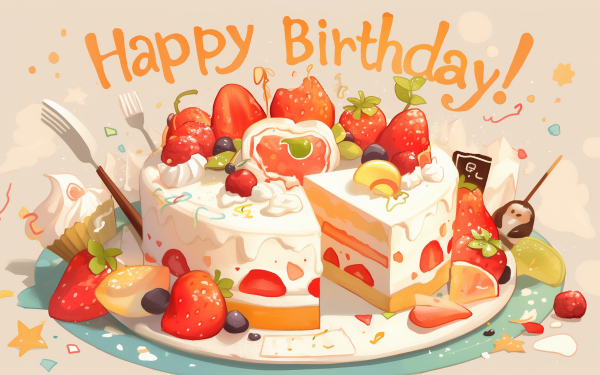 Vibrant HD desktop wallpaper featuring a delicious birthday cake adorned with fresh strawberries and the cheerful greeting 'Happy Birthday'.
