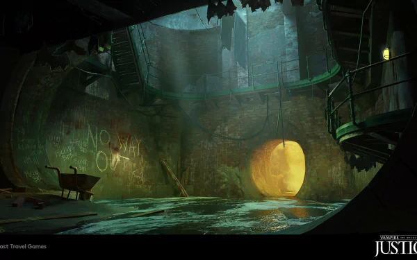 HD desktop wallpaper featuring a mysterious underground setting from 'Vampire: The Masquerade - Justice' video game with eerie lighting and graffiti.