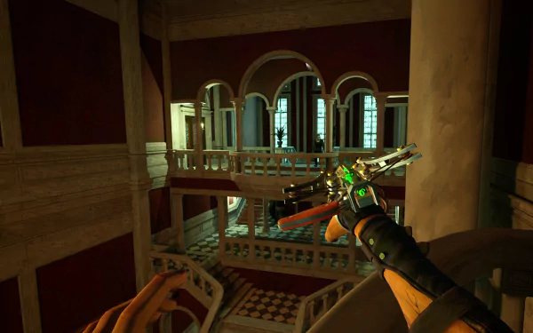 HD wallpaper of a scene from Vampire: The Masquerade - Justice video game, featuring an elegant interior with gothic architecture and a character's hand holding a weapon.