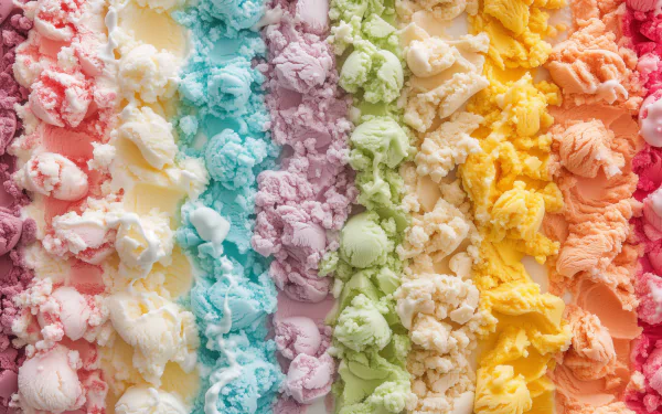 A vibrant array of gelato in pastel colors, beautifully arranged in rows. This HD desktop wallpaper captures the delightful textures and hues of various flavors.
