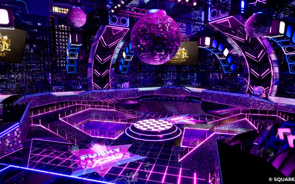 HD wallpaper of Foamstars video game with neon-lit virtual disco arena for desktop background.