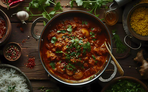 A vibrant curry meal sits on a rustic table, surrounded by fresh ingredients and spices, inviting a delicious dining experience. A perfect HD desktop wallpaper for food enthusiasts.