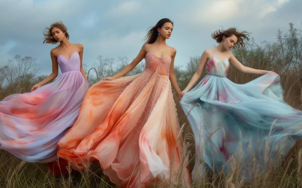 Three bridesmaids elegantly twirl in flowing dresses—soft purple, vibrant coral, and pale blue—set against a serene landscape, creating a stunning HD wallpaper for any occasion.