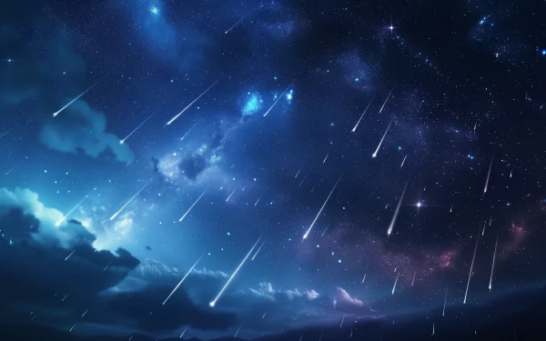 A mesmerizing night sky showcases a meteor shower, with vibrant streaks of light illuminating the dark, starry backdrop, creating a stunning HD desktop wallpaper.