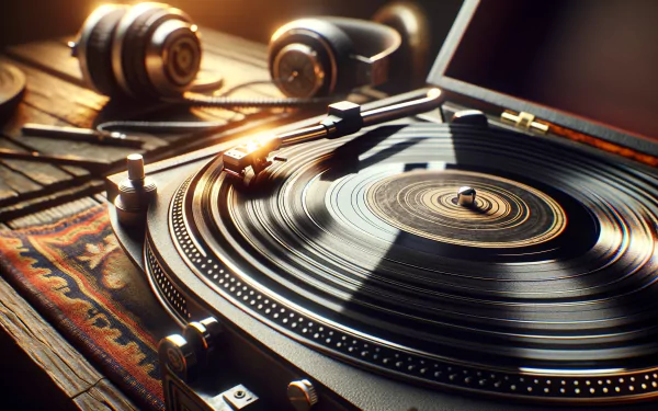 HD wallpaper of a turntable with vinyl record and headphones, epitomizing a classic music listening experience.