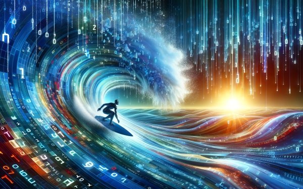 HD wallpaper featuring a dynamic illustration of a person surfing through a vibrant digital wave, symbolizing high-speed internet and technology innovation.