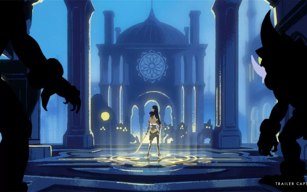HD desktop wallpaper featuring a scene from the video game Lysfanga: The Time Shift Warrior, with a silhouette of the warrior in a luminescent, mystical temple environment.