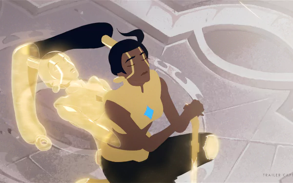 HD desktop wallpaper featuring a character from Lysfanga: The Time Shift Warrior video game, poised with time-shifting powers glowing at their hand.