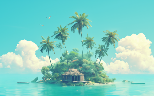 HD desktop wallpaper featuring a serene tropical island with palm trees, a hut, and clear blue skies, perfect for a calming background.