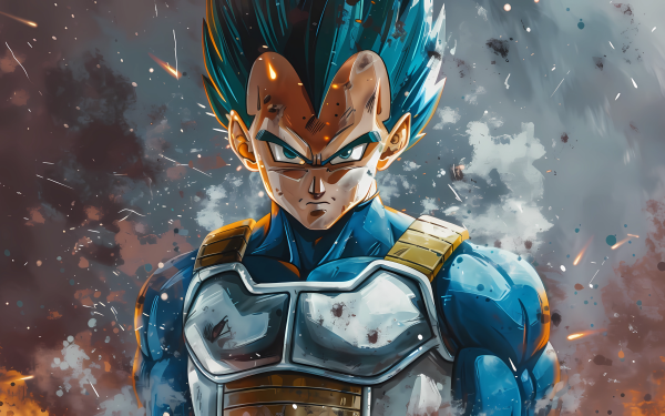 High-definition fan art wallpaper featuring the animated character Vegeta from Dragon Ball with an intense, fiery backdrop.