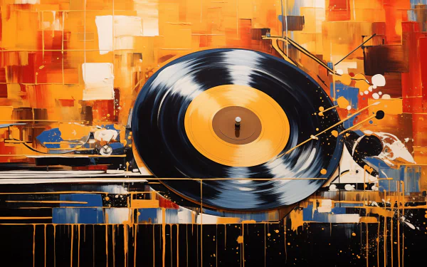 HD desktop wallpaper featuring an artistic representation of a vinyl record turntable with a vibrant abstract background.
