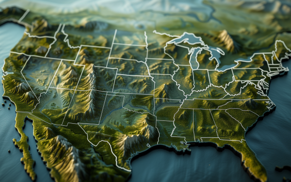 High-definition desktop wallpaper featuring a 3D topographic map of the USA with state borders highlighted, perfect for a geography-themed background.