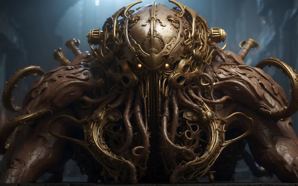A striking HD wallpaper featuring a towering dieselpunk titan with octopus tentacles, creating a unique and eerie fusion of machinery and creature.