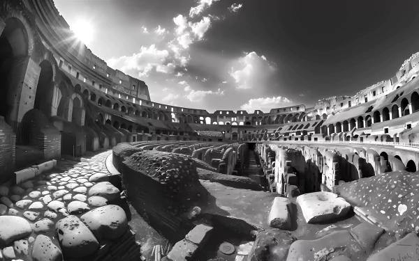 A stunning black and white HD desktop wallpaper of the Colosseum in Italy, showcasing its iconic architecture and dramatic lighting against a cloudy sky.