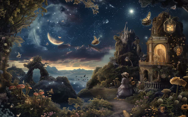 Enchanting fantasy HD wallpaper featuring a star gazing scene with crescent moons, a sparkling night sky, and mystical landscapes for desktop background.