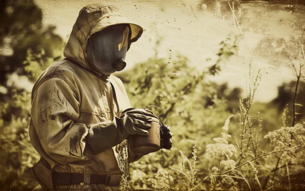 A beekeeper in protective gear stands amidst lush greenery, holding equipment, captured in a vintage photography style. This HD image serves as a striking desktop wallpaper.