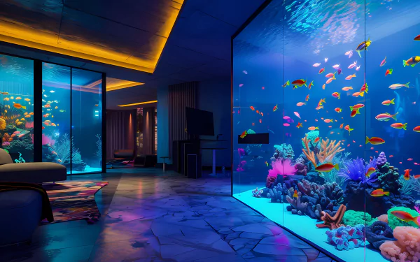 HD wallpaper of a modern room with ambient lighting and a large, vibrant aquarium wall filled with colorful fish and coral.