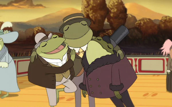 HD wallpaper featuring animated frogs in suits from the TV show Over the Garden Wall with a warm, autumnal background.