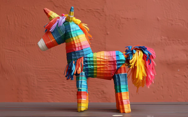 Colorful unicorn piñata HD wallpaper against a red background for desktop.