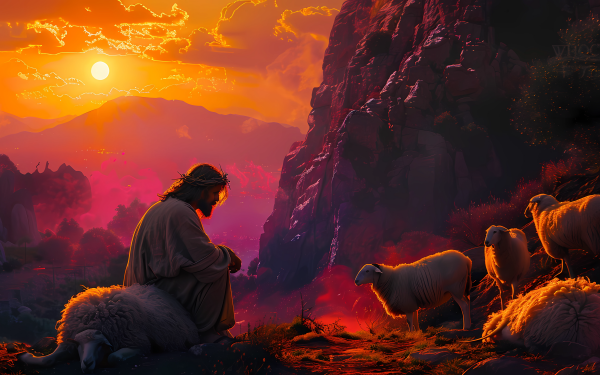 HD Wallpaper of a serene sunset scene with a figure resembling Jesus among sheep, perfect as a religious desktop background