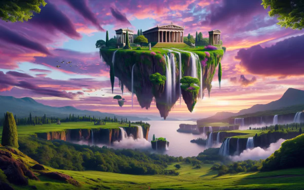 A stunning HD desktop wallpaper depicting a flying island with waterfalls, lush greenery, and classical architecture, set against a vibrant sunset sky.