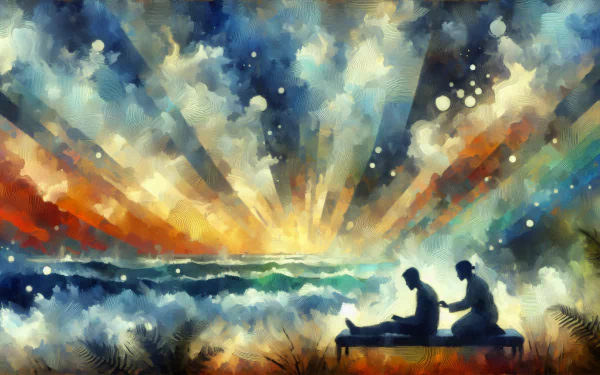 Therapy-themed HD desktop wallpaper featuring a serene digital painting of two silhouetted figures relaxing by a colorful, abstract sunset over water, radiating calm and tranquility.