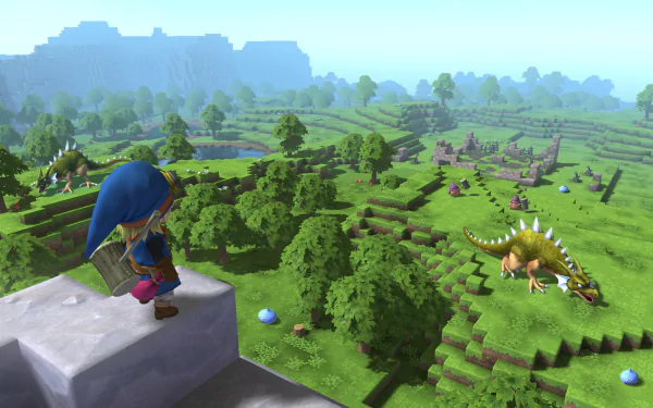 HD wallpaper featuring Dragon Quest Builders gameplay with character overlooking a vivid green landscape.