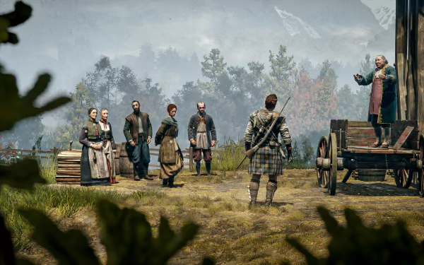 HD wallpaper featuring characters from Banishers: Ghosts of New Eden video game set in a scenic landscape.