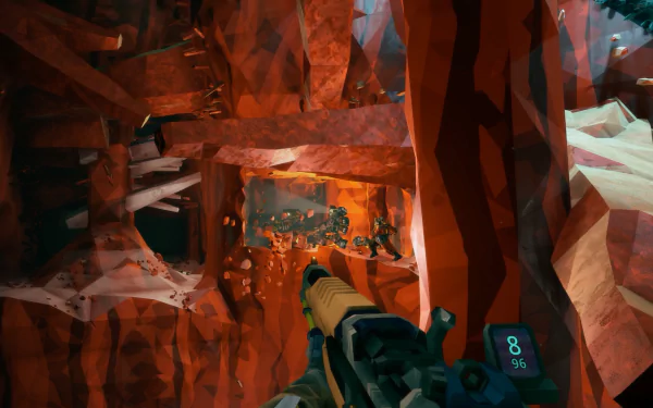 HD wallpaper of 'Deep Rock Galactic: Survivor' video game featuring the first-person perspective of a player holding a futuristic gun in a crystal-laden alien cave environment.