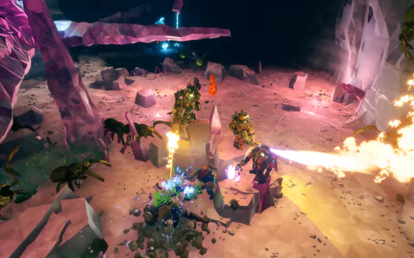 Vibrant HD wallpaper showcasing action from the video game Deep Rock Galactic: Survivor, featuring intense gameplay with characters battling alien creatures in a colorful underground setting.