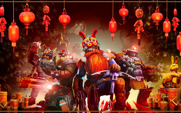 HD wallpaper of Deep Rock Galactic: Survivor video game featuring characters in vibrant costumes with Chinese lanterns in the background.
