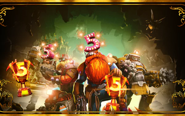 HD wallpaper featuring characters from Deep Rock Galactic: Survivor video game with '5' icons prominent, denoting a celebration or milestone.