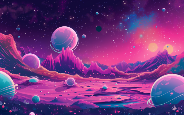 HD wallpaper of a vibrant sci-fi planetscape with colorful alien terrain and multiple moons in a starry sky.