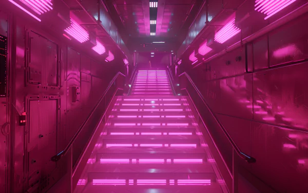 Aesthetic HD wallpaper featuring a vibrant pink staircase, illuminated by glowing pink lights, creating a striking and immersive atmosphere.