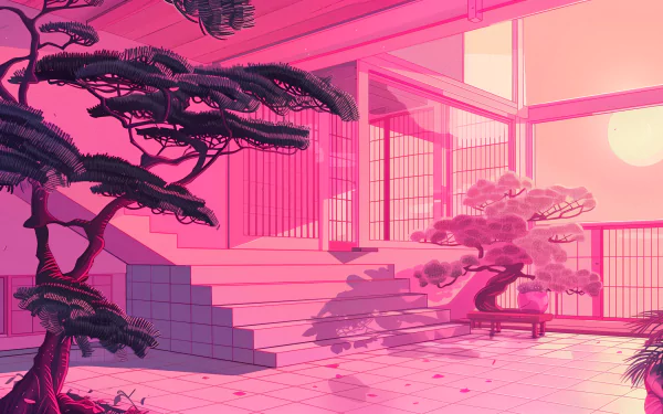 HD wallpaper featuring a pink aesthetic with a tranquil bonsai and pine trees against a stylized architectural backdrop.