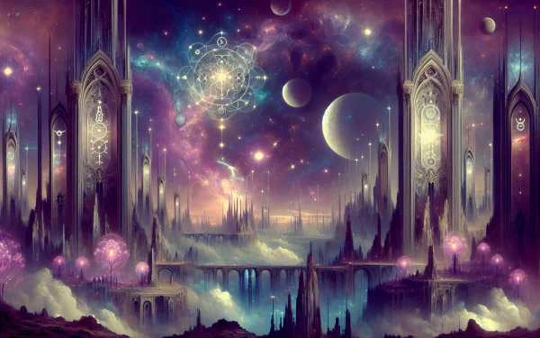 Fantasy landscape with cosmic elements and gothic architecture HD desktop wallpaper.