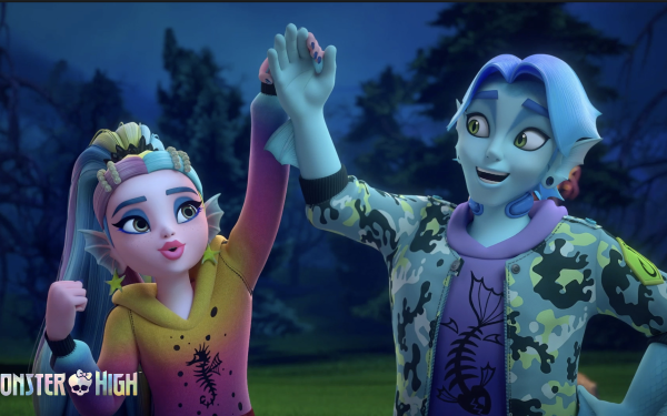 Monster High characters animated wallpaper featuring two friendly monsters in a high-five pose, perfect for a HD TV show desktop background.