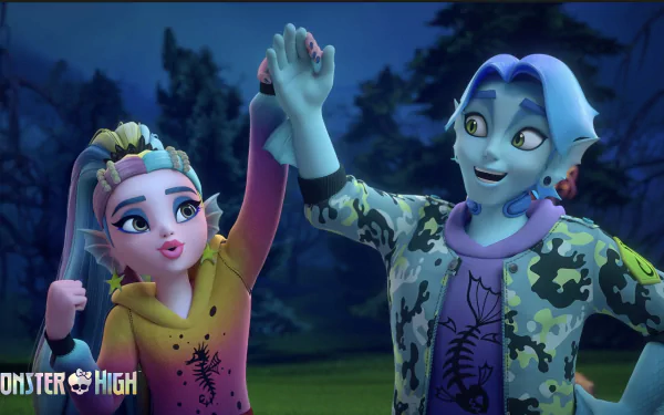 A vibrant HD wallpaper from the TV show Monster High, featuring two cheerful characters celebrating together in a dark, forested setting.