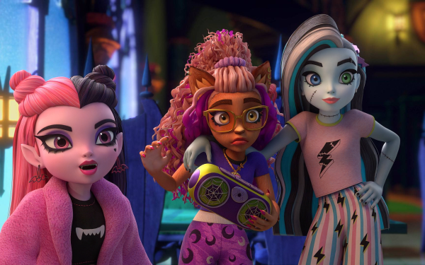 HD wallpaper featuring three characters from the TV show Monster High standing together with a colorful animated backdrop, perfect for desktop and background use.